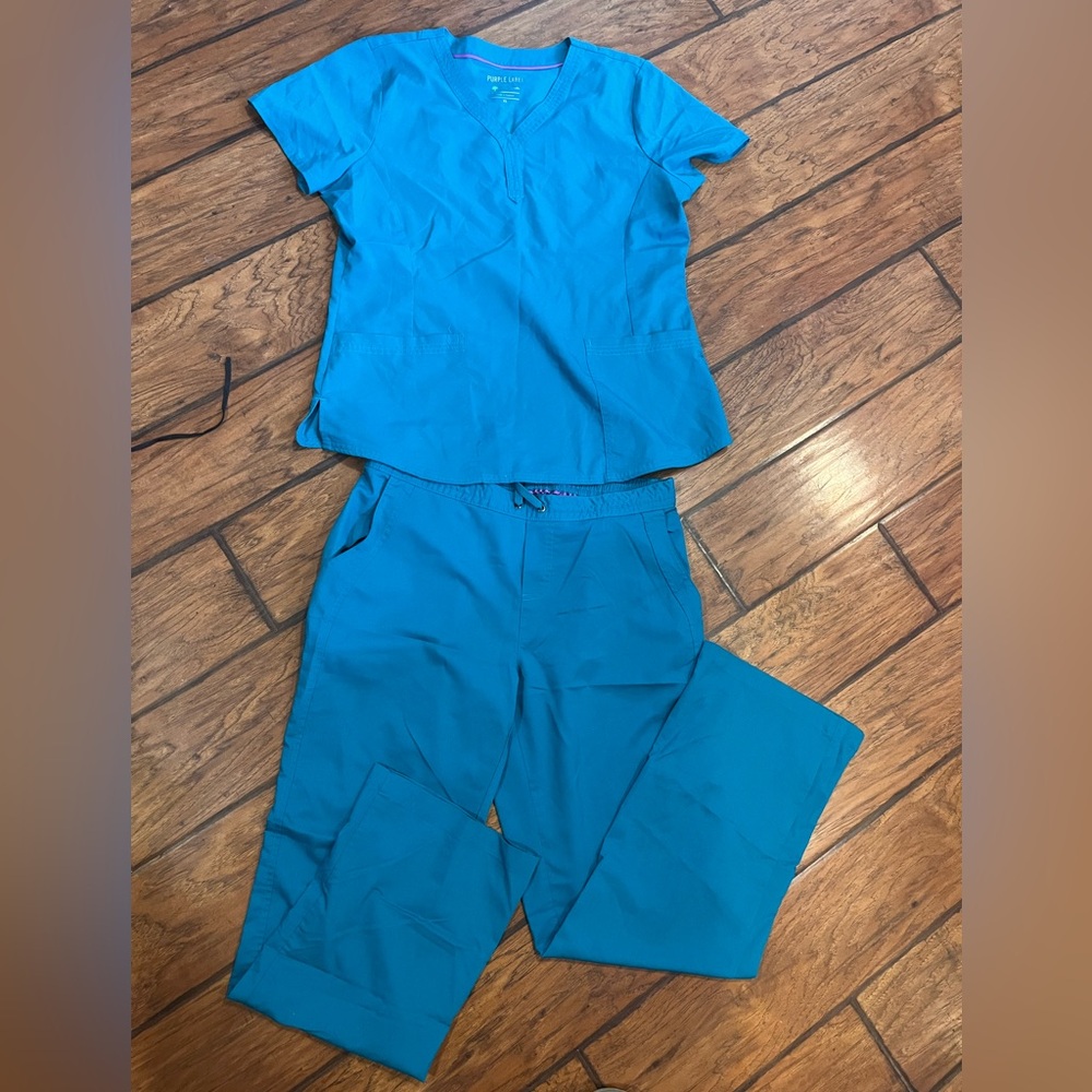 Purple Label by Healing Hands scrub set womens XL top L bottoms teal pants&shirt
